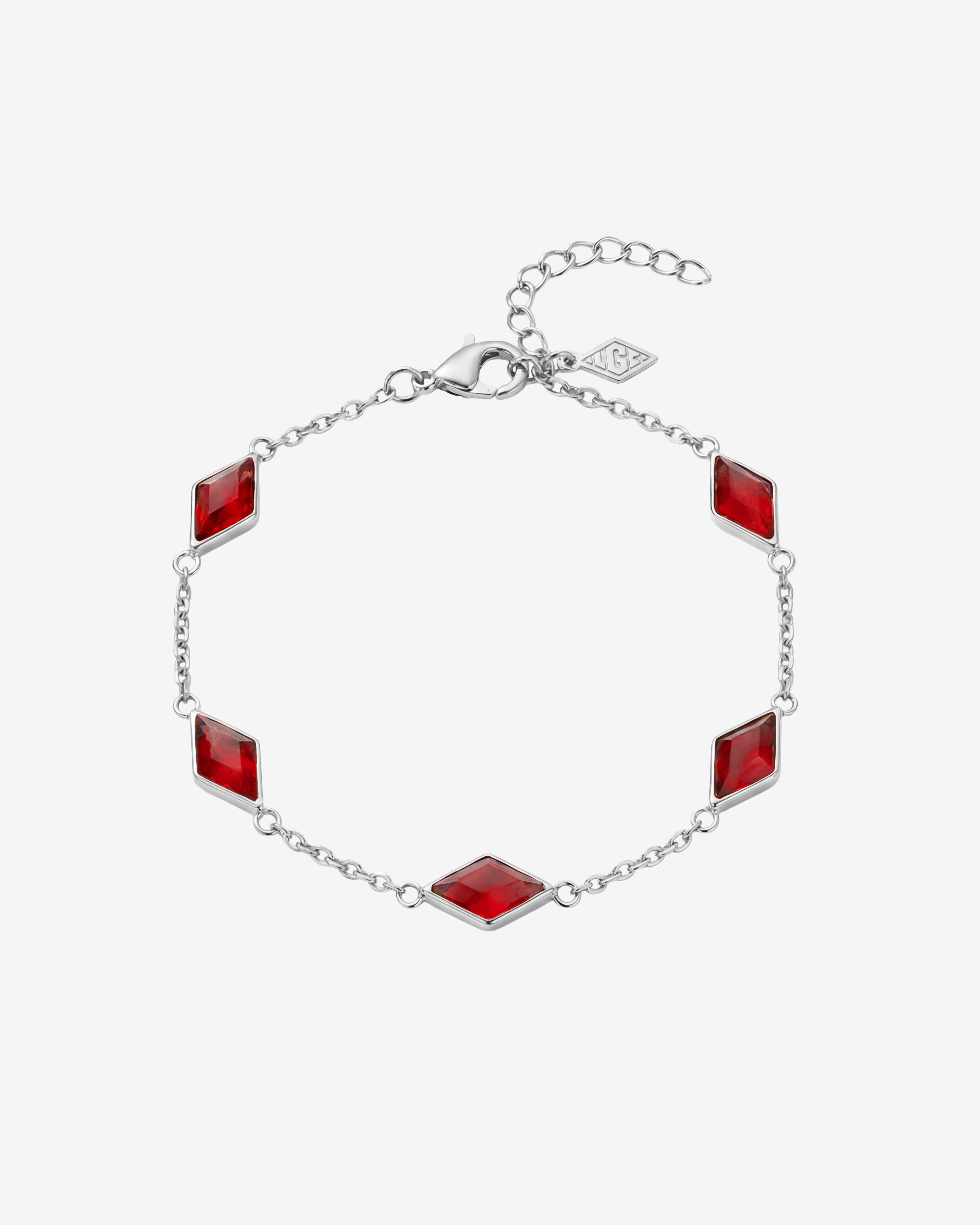 Amberes silver bracelet with square red gemstones set along a delicate chain formed into a circular display