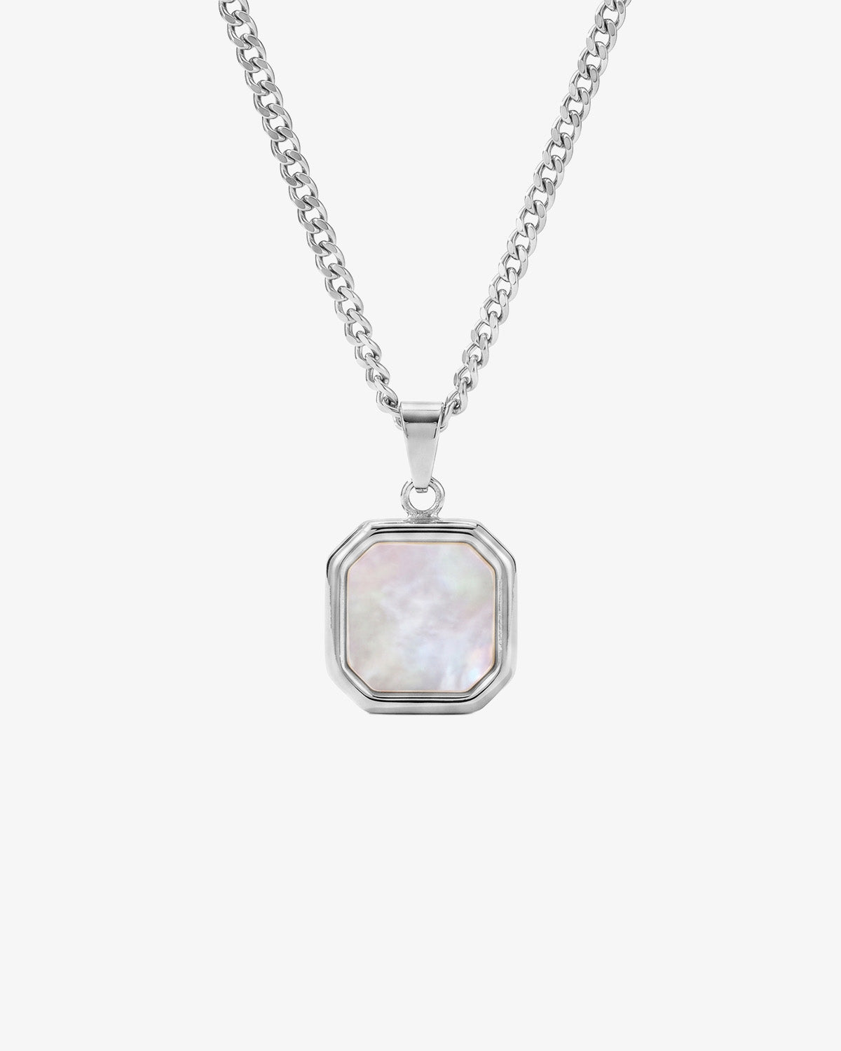 NOVA Silver Necklace pendant close up with iridescent mother of pearl stone set in a geometric silver frame