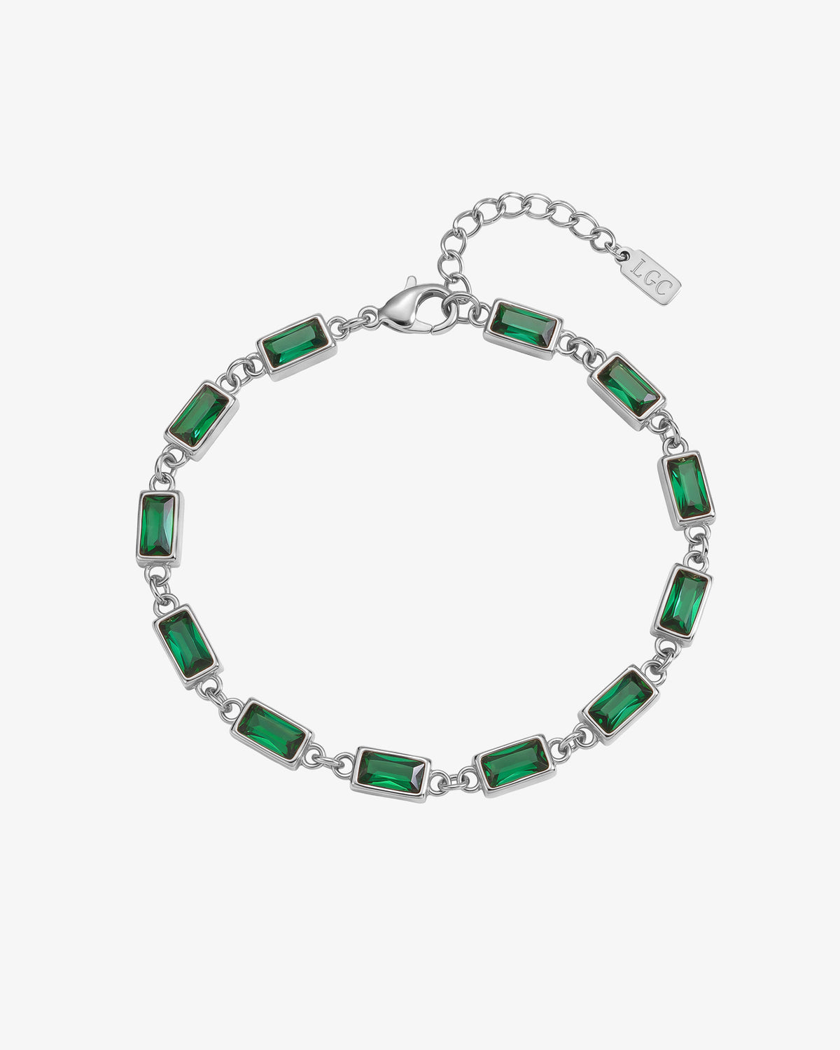 Pulsera OMEN de plata con piedras rectangulares verde esmeralda engastadas en plata y cierre de mosquetón