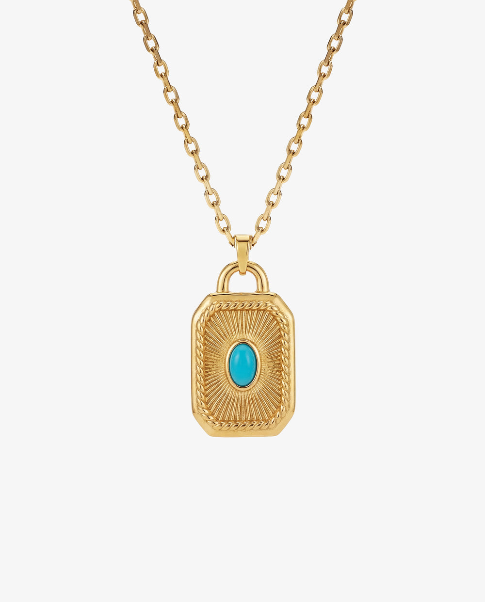 Collar AETHER de oro con colgante rectangular labrado y gema central azul turquesa.
