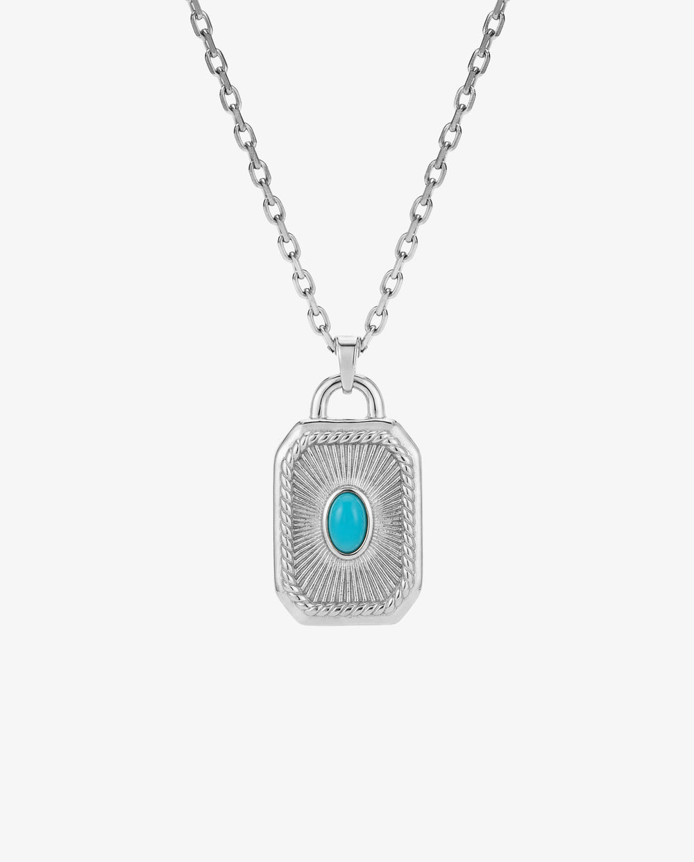 Collar AETHER de plata, cadena con colgante rectangular contundente y gema turquesa en el centro