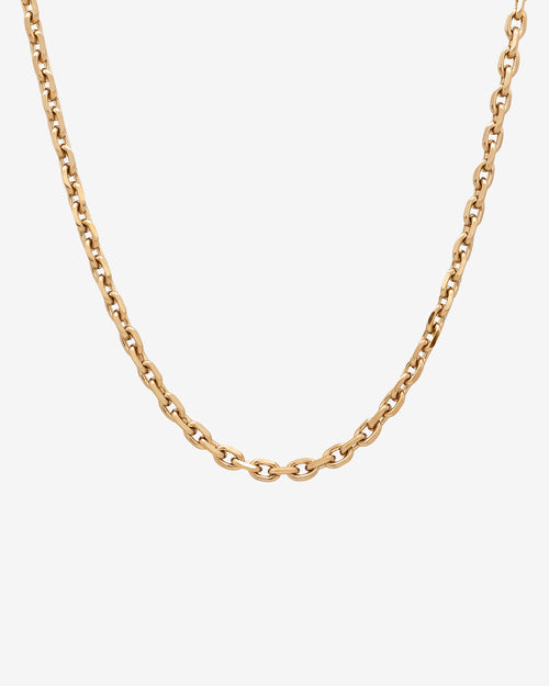 Gold anchor chain necklace displayed on a white background