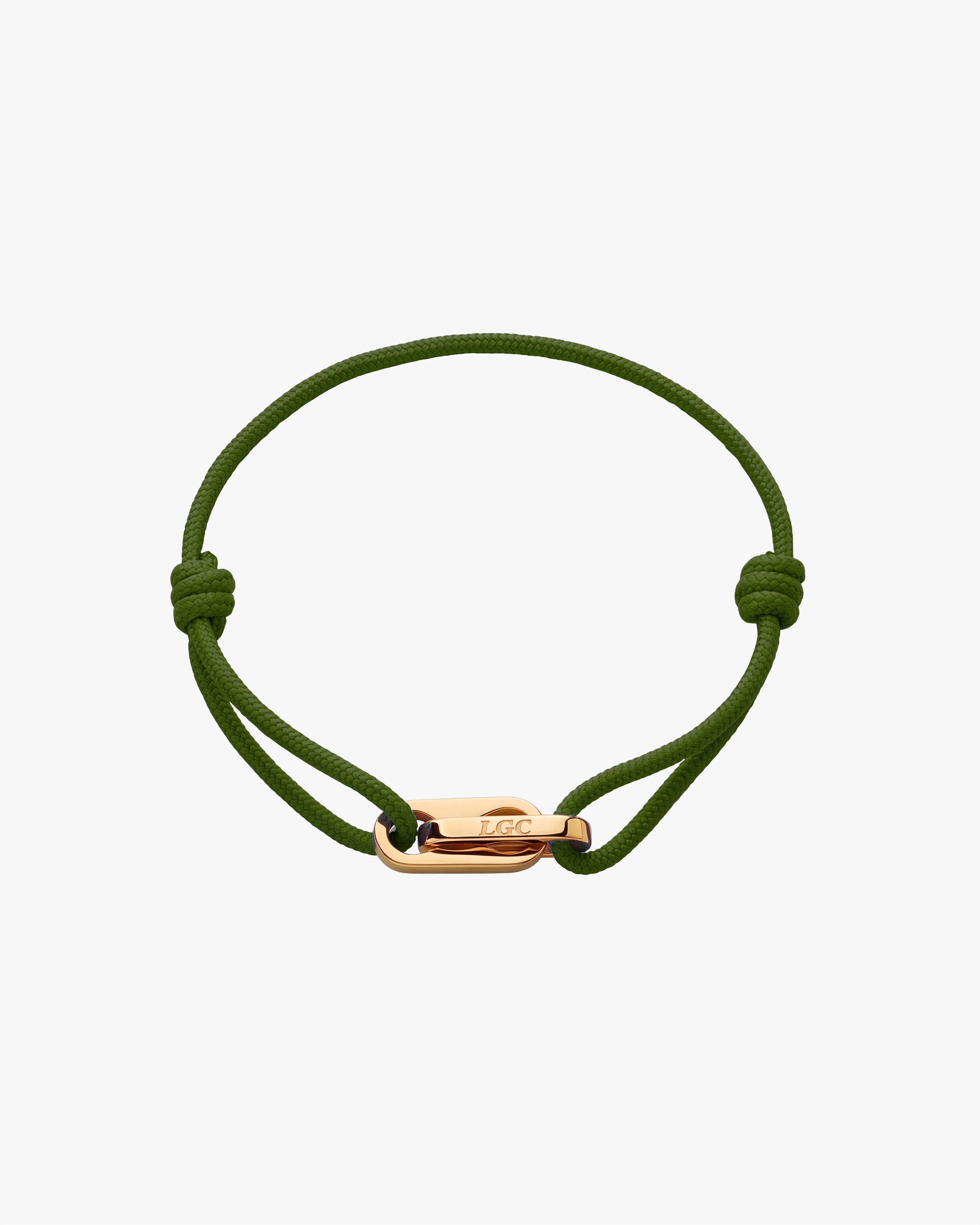 Atlantis gold bracelet with olive green cord, adjustable sliding knots and a gold clasp engraved LGC