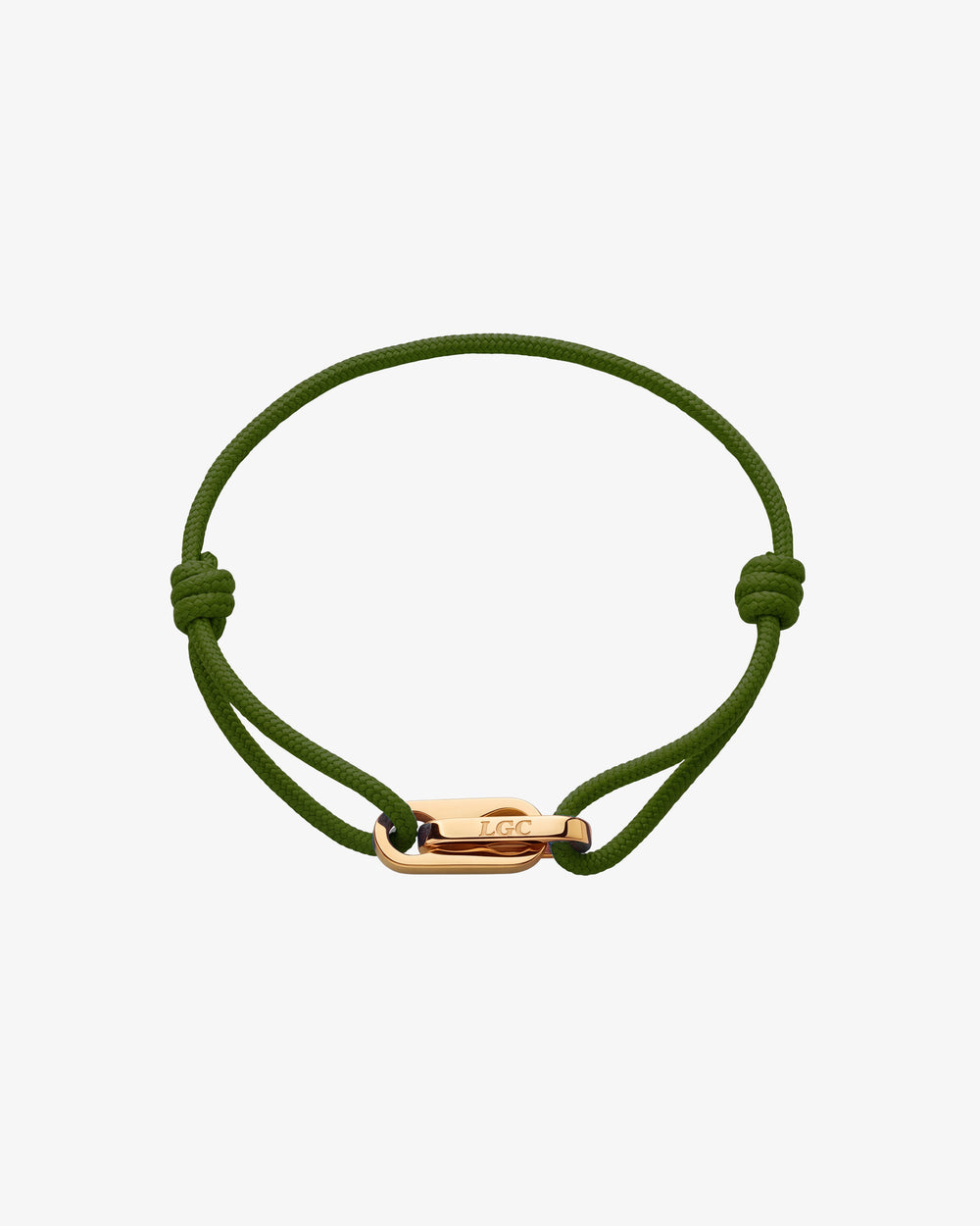Pulsera dorada Atlantis con cordón verde oliva, nudos corredizos ajustables y cierre dorado grabado con LGC