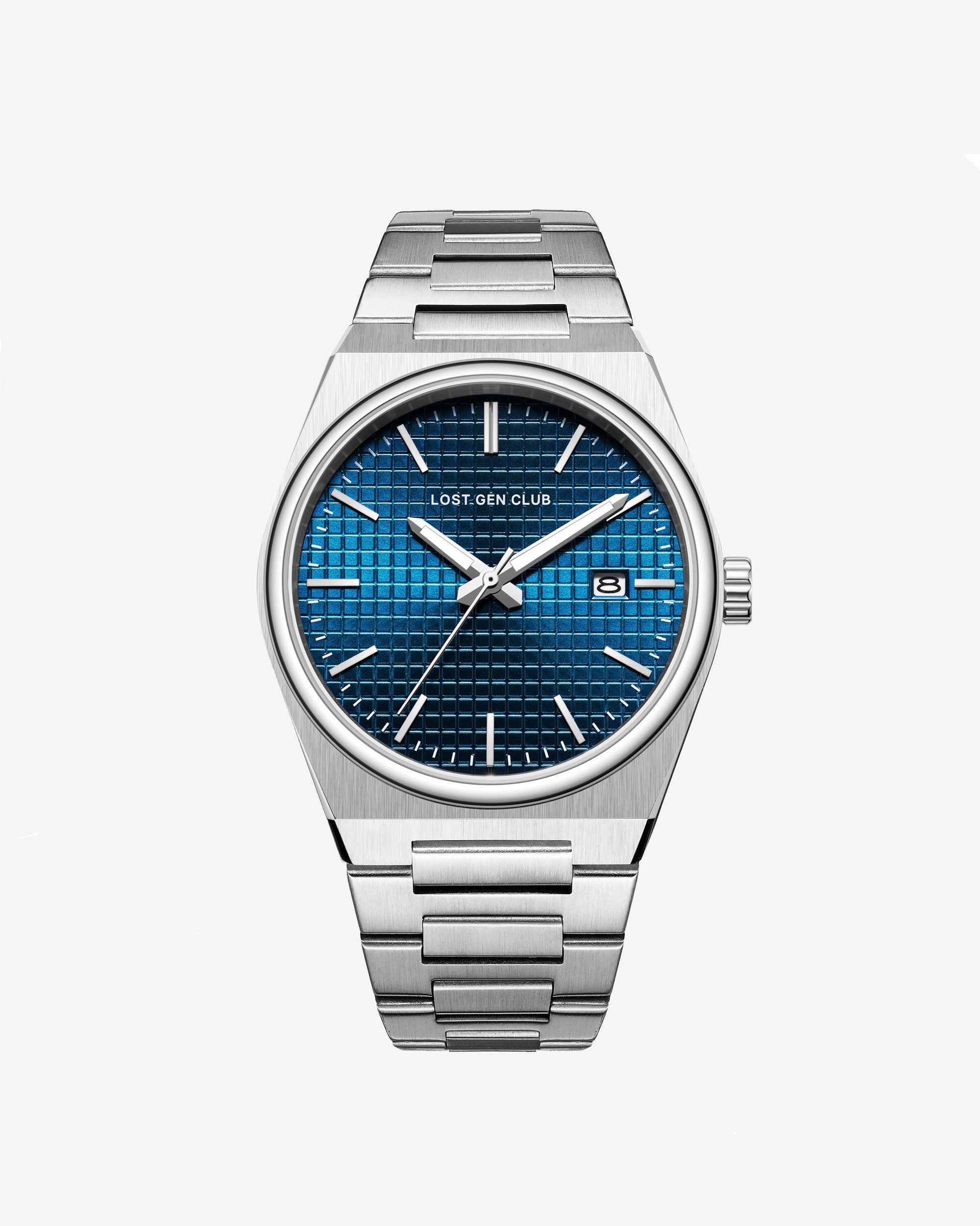 Auren watch with stainless steel bracelet and blue textured dial with date window