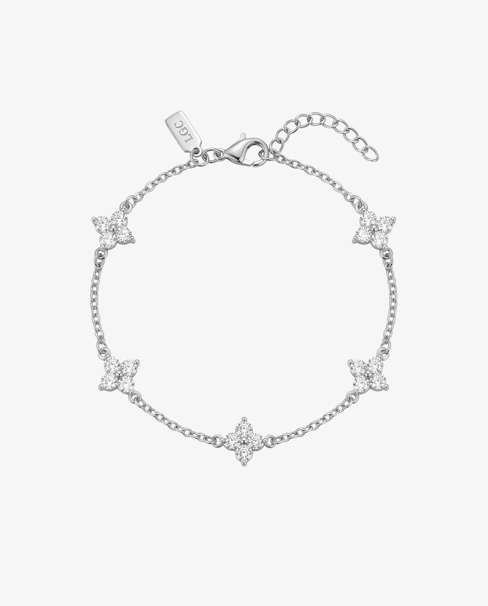 Pulsera plateada Clover con flores de cristal en cadena fina y cierre de mosquetón