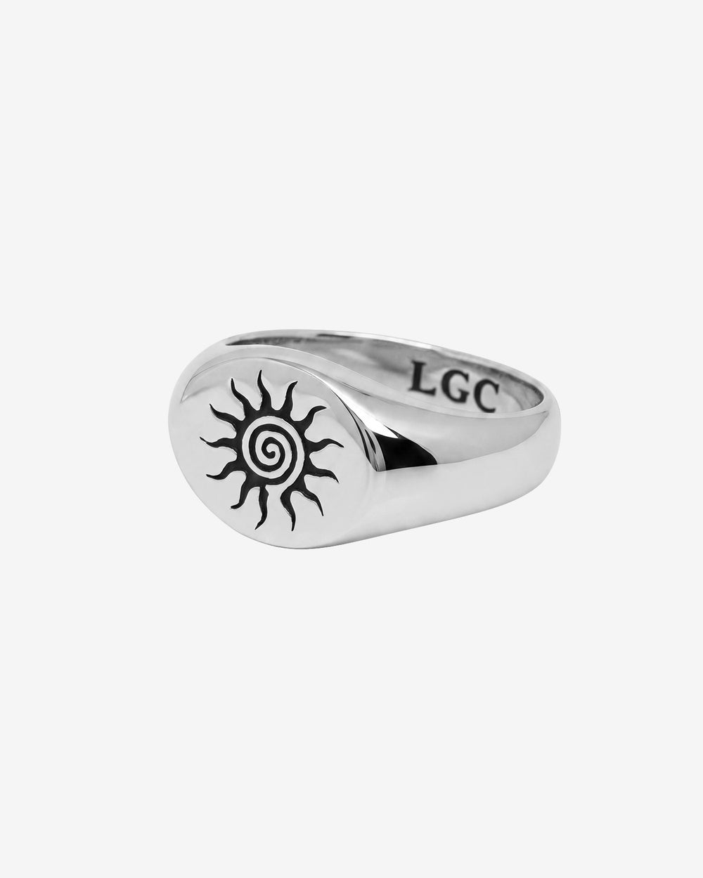 Anillo plateado Energy con motivo de sol y espiral sobre un aro ancho