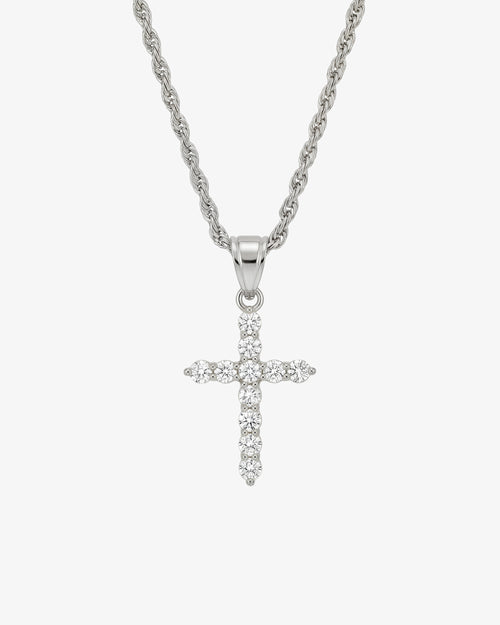 ICY CROSS silver necklace with a cross pendant encrusted with zircon crystals on a textured chain.