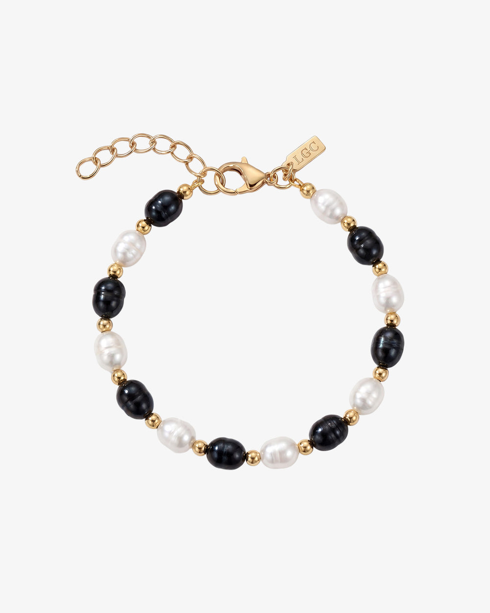 MELASTI Pearl Bracelet con perlas caribeñas de agua dulce en negro y blanco y cuentas doradas en cadena ajustable de 17 cm