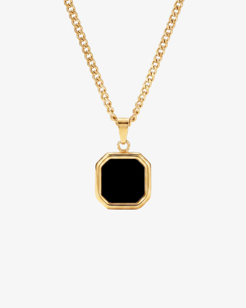 NOVA GOLD NECKLACE with an octagonal black onyx pendant on a chunky gold chain