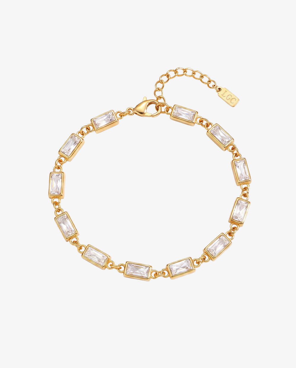 Pulsera dorada OMEN con piedras rectangulares transparentes en engastes dorados y cierre de mosquetón
