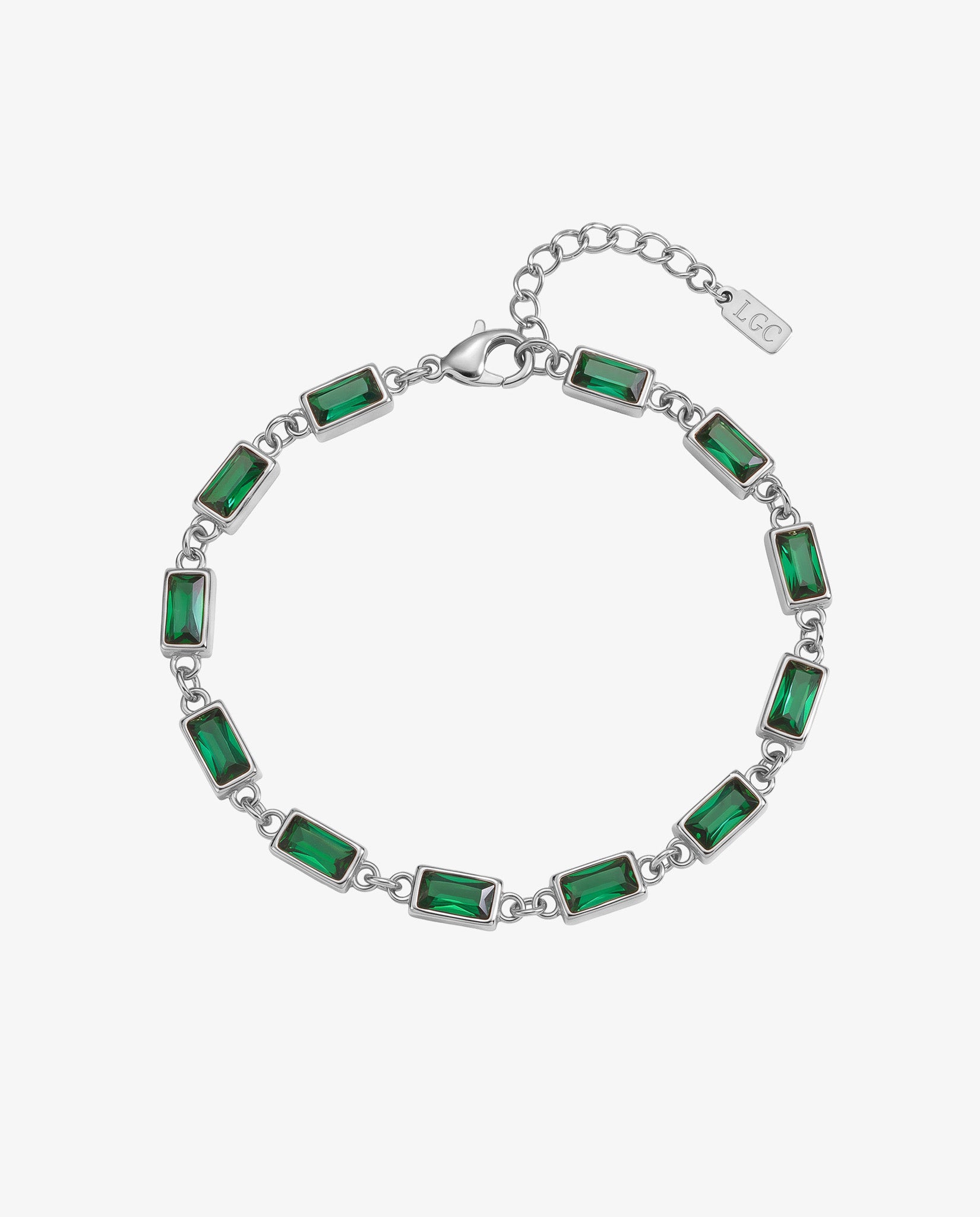 Pulsera OMEN de plata con piedras rectangulares verde esmeralda engastadas en plata y cierre de mosquetón