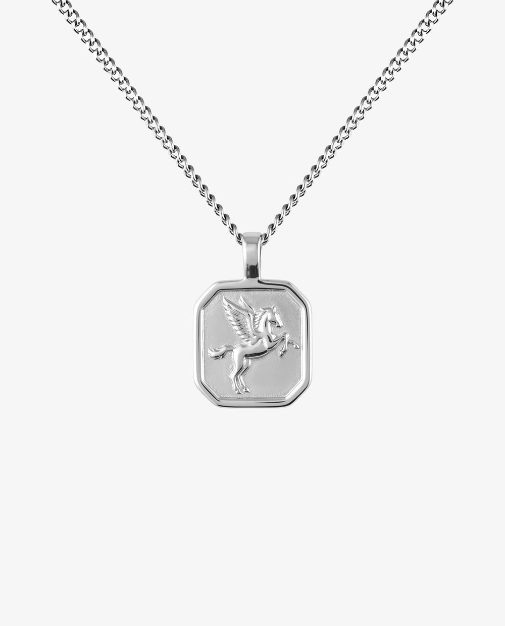 Collar de cadena de plata con colgante octogonal grabado con un pegaso