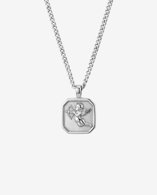 Savior silver necklace with a thick chain and octagonal pendant on a white background