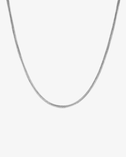 2 mm wide silver chain necklace shown against a white background