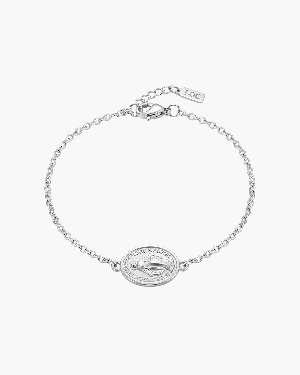 Pulsera Virgen María plateada con medalla redonda y cadena sobre fondo blanco