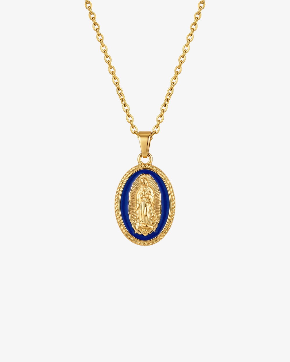 Collar dorado de la Virgen María con colgante ovalado de esmalte azul con la imagen de la Virgen